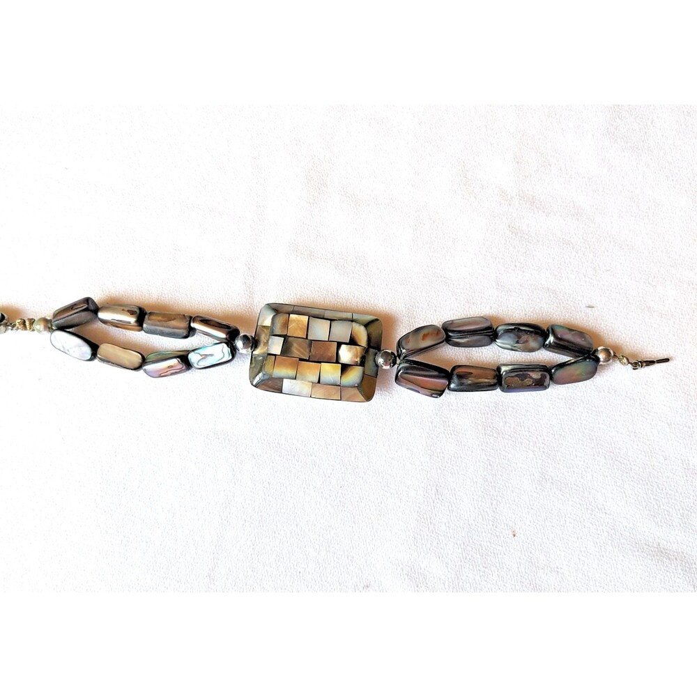 Vintage Mother of Pearl Abalone Paua Shell Beaded Mosaic Bracelet 7.5" - Picture 2 of 10